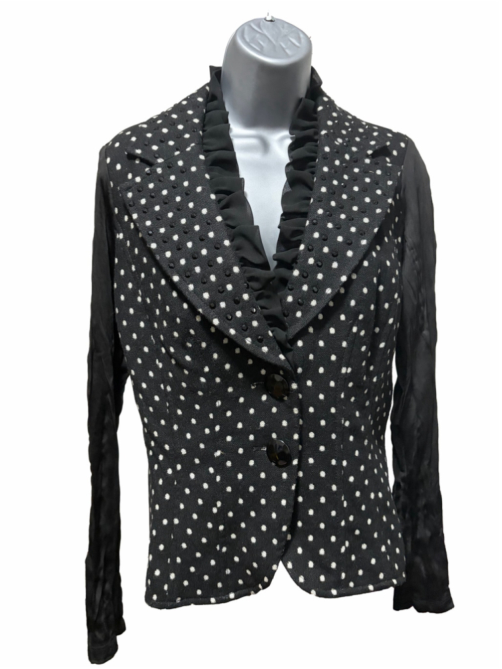 Alberto Makali Jacket Womens Small Black White Polka Dot Ruffle Beaded